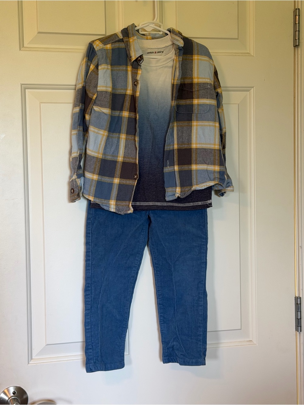 Kids Plaid Shirt & Ombre Tee Set in Blue with corduroy pants